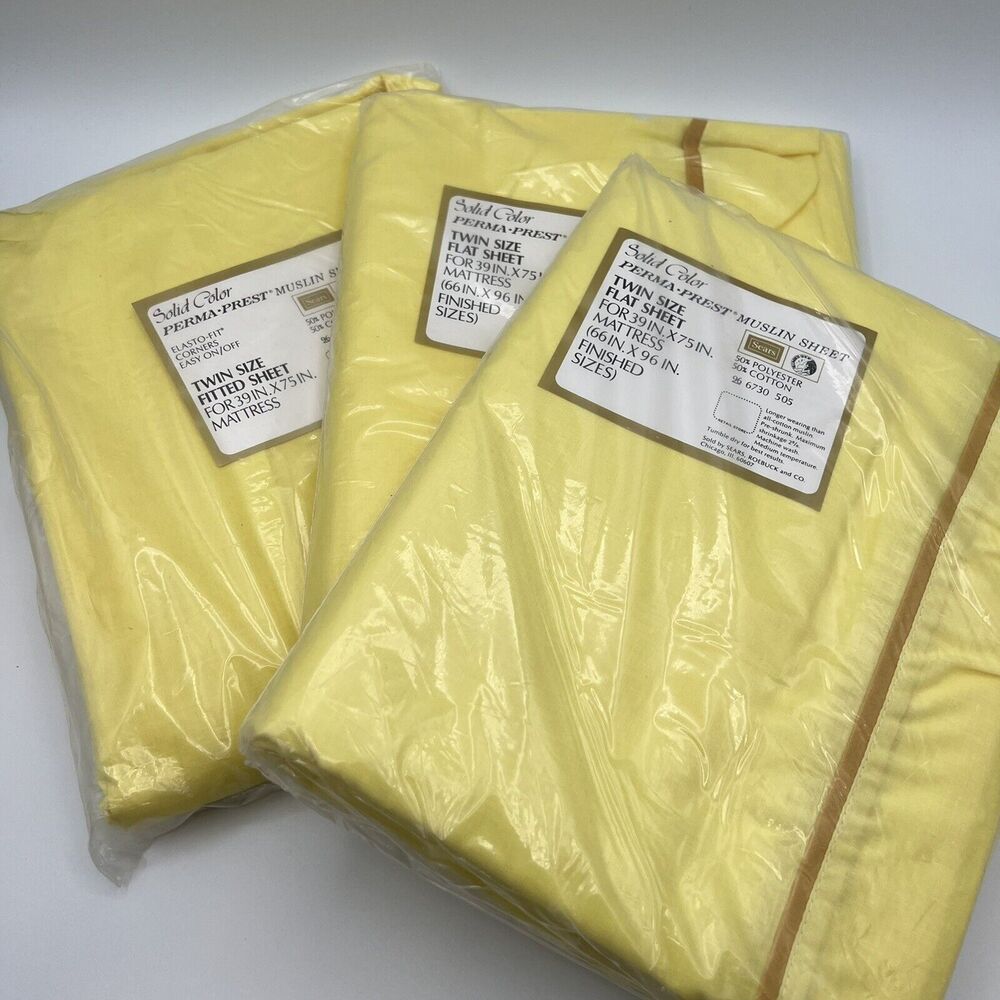 Vtg 3 Pc Perma Prest Muslin Sheet Set Yellow Sears Twin Bed 1 Fitted 2 Flat